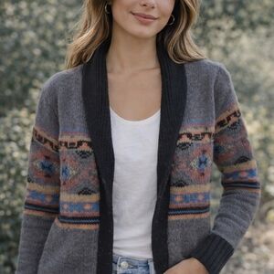 Source Unknown Gray Fair Isle Open Cardigan with Charcoal Shawl Collar